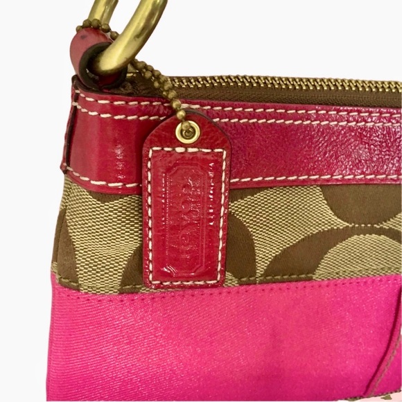 Coach Signature Tan Pink Convertible Small Shoulder Bag/Large Wristlet/Baguette - Picture 4 of 9